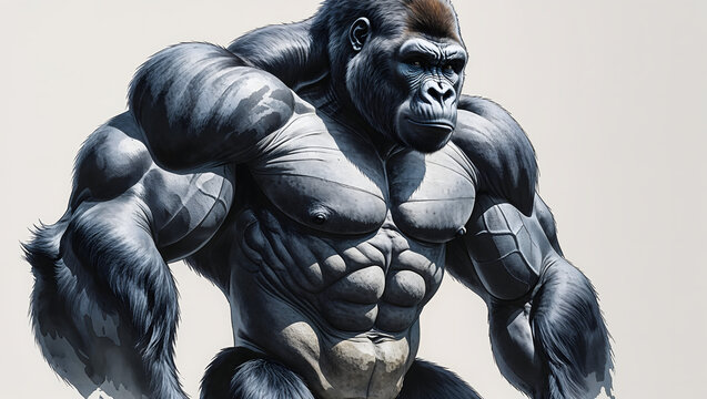 A Illustration of silverback gorilla showing impressive muscular build looks strong confident and full of dark watercolor intelligent wildlife energy generative AI
