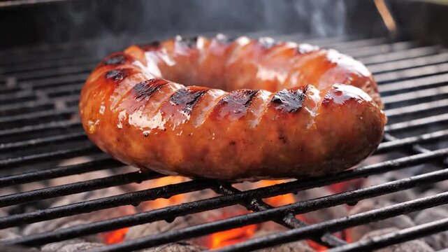 Juicy grilled sausage ring cooking over an open fire flame