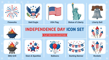 Collection of patriotic icons for American Independence Day celebrations featuring symbols of liberty and festive summer elements © Simon