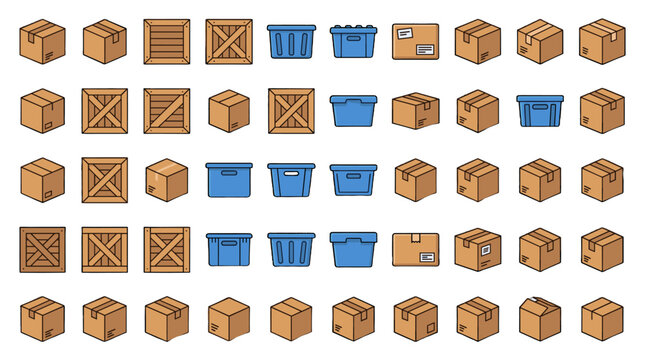 Set of packaging and storage box icons in flat vector style