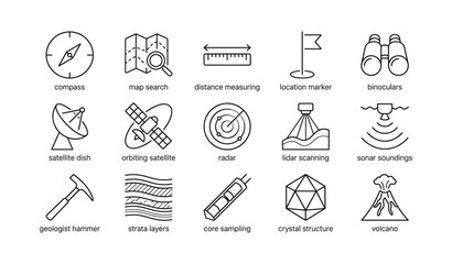 Fototapeta premium Navigation and surveying icons arranged in grid on white