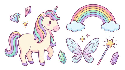 Fototapeta premium Cute pastel unicorn set with rainbow, butterfly, crystals and wand