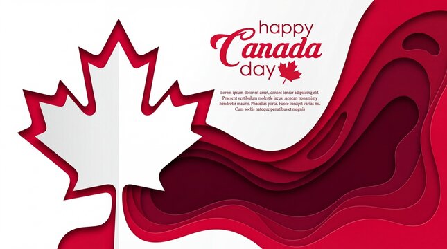 Happy Canada Day Greeting with Maple Leaf and Red Abstract Wave Background