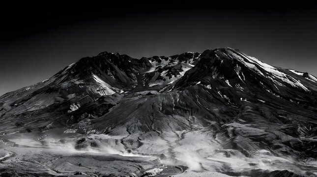 A high contrast landscape shot of a dust covered M19 volcanic crater displaying dramatic texture and shadows in a wide cinematic vista.