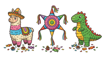 Obraz premium Cute party llama, star pinata, and dinosaur cartoon set