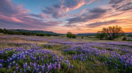 Fototapeta premium Wide Texas prairie in bloom with bluebonnets and a colorful sunset