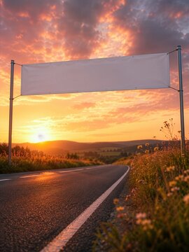 Blank white banner mockup hanging over country road at dramatic sunset, concept of marathon finish line and event advertising mockup