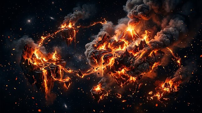 Abstract cosmic explosion with bright orange flames and dark smoke in deep space.