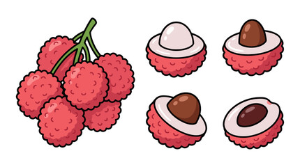 Obraz premium Lychee fruit set with whole bunch and peeled pieces