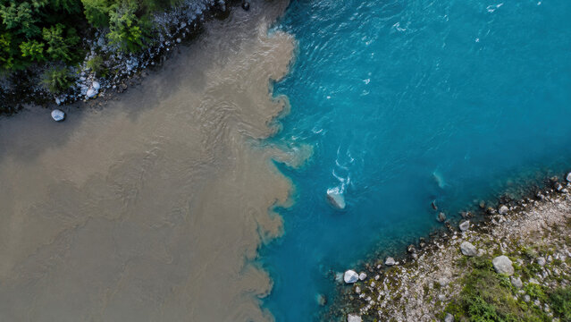 Overhead View of Clean and Dirty Water Confluence
