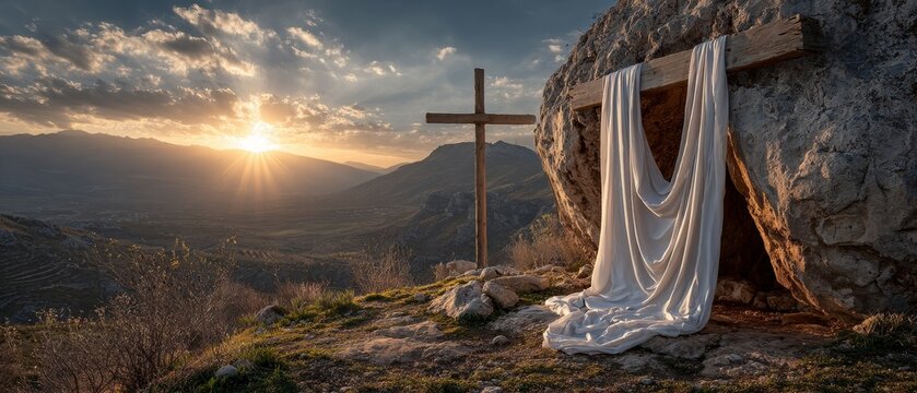 A wooden cross stands near an empty tomb draped in white cloth against a mountainous sunrise background.