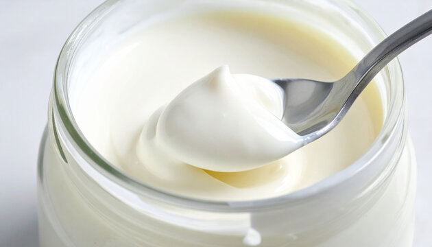 Macro yogurt layered jar cutaway showing textured layers with spoon digging in