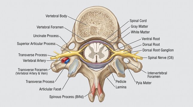 Detailed anatomical illustration of a human cervical vertebra C6 cross-section with labeled structures including the spinal cord and vertebral body