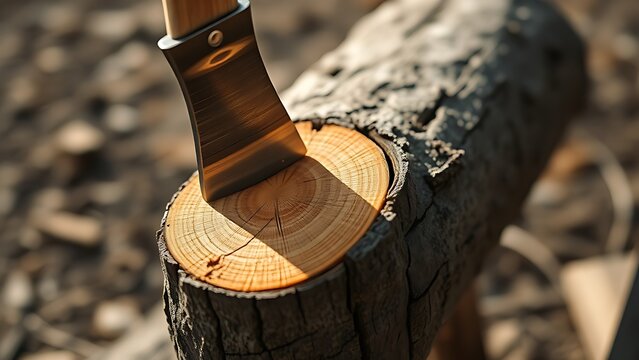 A sharp axe cleanly splitting a dry log, detailed wood grain visible.