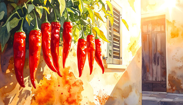 Red chili peppers hanging beside rustic wooden shutters showing golden sunlight looks romantic peaceful and full of elegant Mediterranean watercolor illustration generative AI