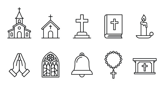 Christian religious symbols and spiritual icons set featuring church, cross, bible, candle, and praying hands in a modern outline style.