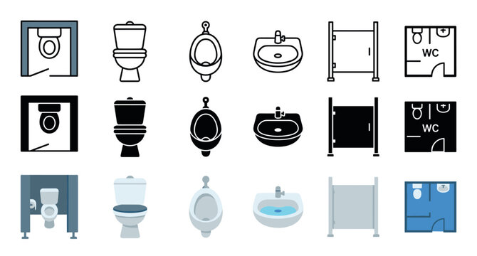 Various bathroom and restroom icons featuring toilets, urinals, sinks and partitions in different styles for public and private facilities.