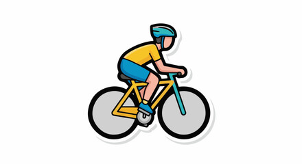 Obraz premium A cartoon cyclist wearing a yellow shirt, blue shorts, and a helmet rides a bicycle