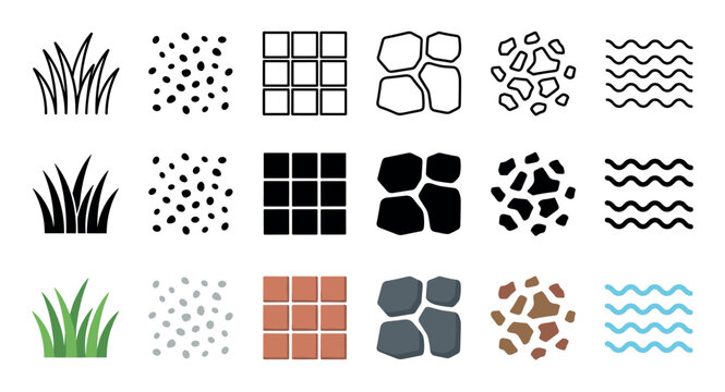 Natural elements and ground textures icons set featuring grass, pebbles, tiles, rocks, soil, and water in diverse outline, solid, and colored styles.