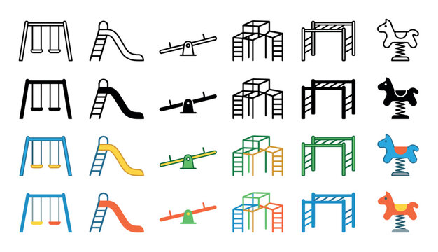 Playground equipment icons set collection various styles featuring swings, slides, seesaws, climbing frames, monkey bars, and spring riders in outline, solid, and colorful designs.