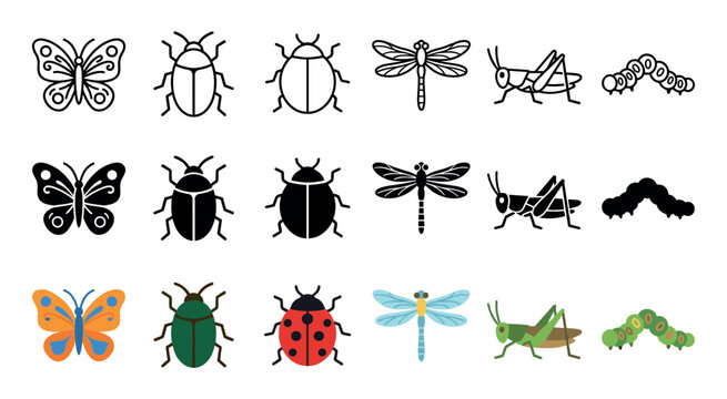 Various insects and bugs collection of diverse styles including outline, silhouette, and colorful flat design icons for nature and wildlife themes.