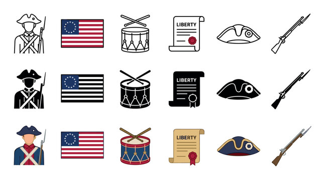 American Revolution historical icons and symbols presented in outline, silhouette, and color illustrations, depicting key elements of independence.