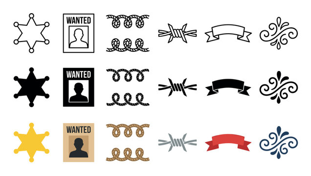 Collection of western themed icons including sheriff badge, wanted poster, rope, barbed wire, ribbon, and decorative flourish elements.