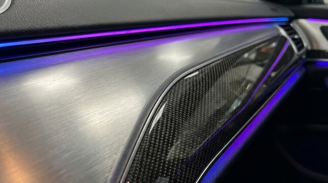 Elegant car interior side panel carbon fiber insert brushed metal purple ambient LED lighting strip