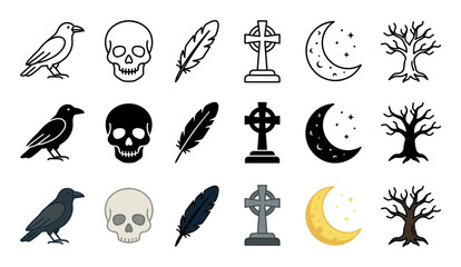 Fototapeta premium Gothic Halloween mystical icons collection featuring raven skull feather Celtic cross crescent moon and bare tree in various styles.