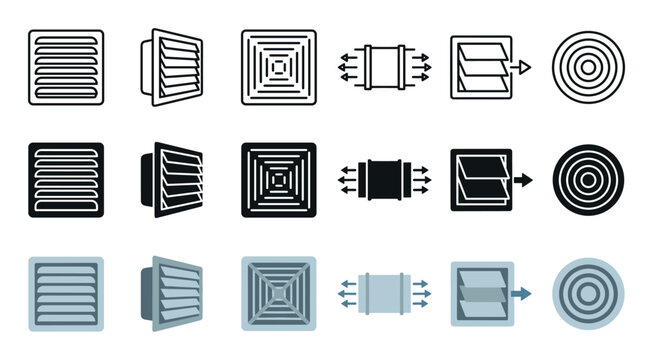 Ventilation icons set featuring various air conditioning elements, including grilles, vents, and ducts with directional arrows illustrating air movement and climate control systems.