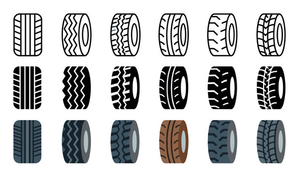 Vehicle tire icons with various tread patterns are displayed in a comprehensive collection featuring outline, solid, and colored designs.