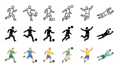 Fototapeta premium Soccer football players icon set showing various actions like running, kicking, heading, and a diving goalkeeper in outline, silhouette, and flat design styles.