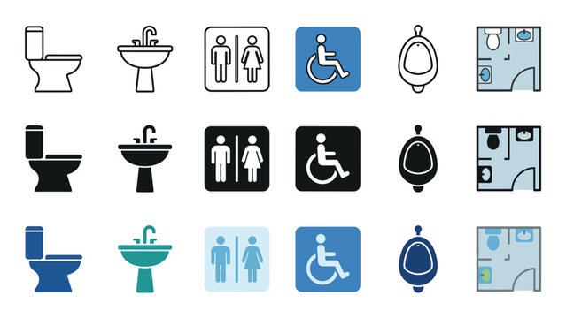 Bathroom restroom toilet sink urinal icons symbols collection for public facilities and accessibility signage design elements in various styles.