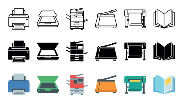 Modern office printing and document processing equipment icons, featuring printers, scanners, copiers, plotters, paper cutters, and open books in outline, solid, and color styles.