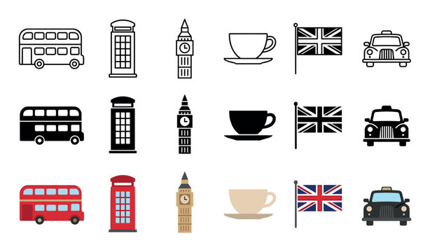 British cultural symbols and landmarks are depicted in a set of outline, solid, and colored vector icons, representing iconic elements of the United Kingdom.