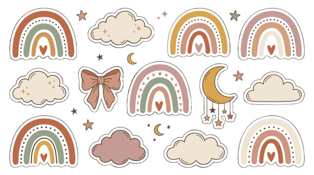 Cute pastel rainbow cloud moon and bow sticker set