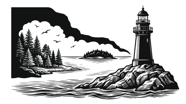 Black and white woodcut illustration of a lighthouse on rocky cliffs near pine forest and ocean waves