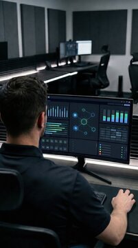 Betting data analyst monitoring digital platform in control room. Concept of sportsbook operations, risk analytics, fraud detection, platform security and gaming tech.