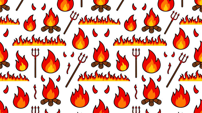 Seamless fire and pitchfork pattern on white background