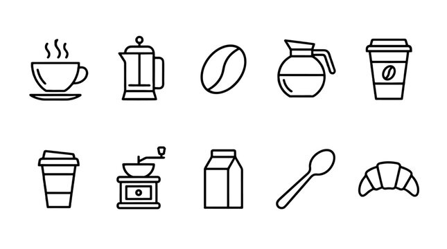Coffee and breakfast outline icon set on white background