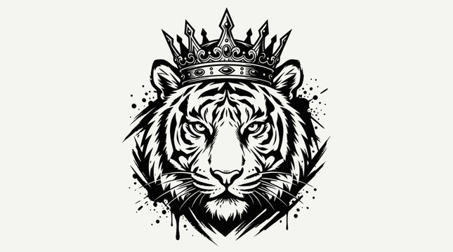 Regal tiger head wearing ornate crown in detailed black and white tattoo style.