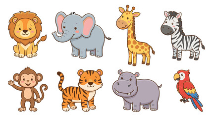 Obraz premium Cute cartoon safari and jungle animals set illustration