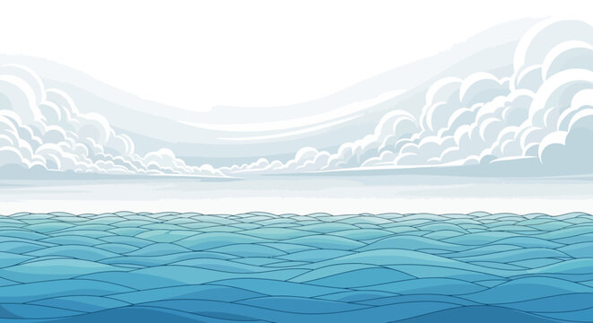 Stylized Ocean Waves and Cloudy Sky Panorama - Calm Blue Water Horizon