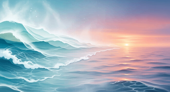 Surreal ocean waves at sunset, pastel colors, dreamlike seascape, ethereal atmosphere