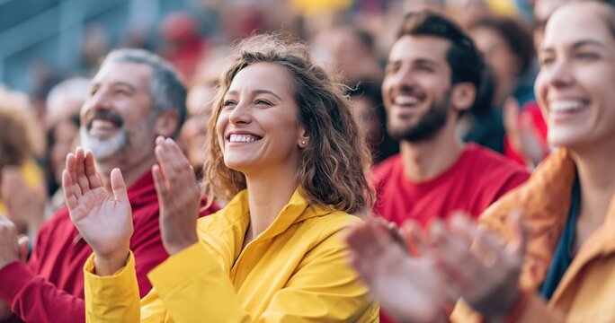 Happy woman clapping at a live event with cheering crowd