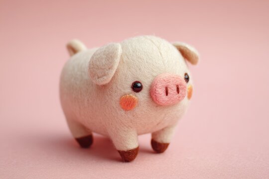 Cute Felt Pig Toy On Pink Background
