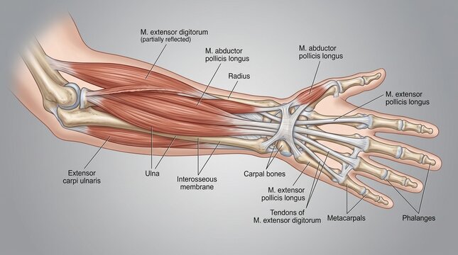 Detailed medical illustration of the human forearm and hand anatomy, showing muscles, bones, and tendons with labels.