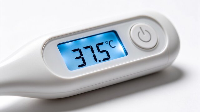 Digital thermometer showing fever temperature on blue backlit screen