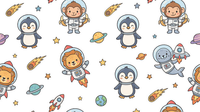 Cute space animals seamless pattern with rockets and planets