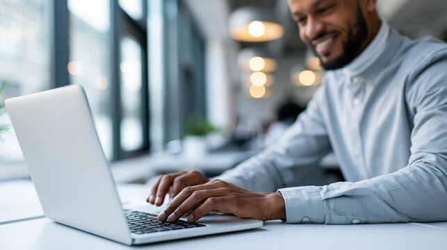 Faceless young professional man seated smiling and working on laptop at office desk near window in natural daylight, productive workplace concept, corporate lifestyle photography,